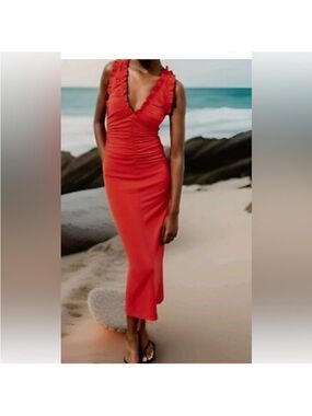 Zara Coral-Red Ruffled V-Neck Maxi Dress